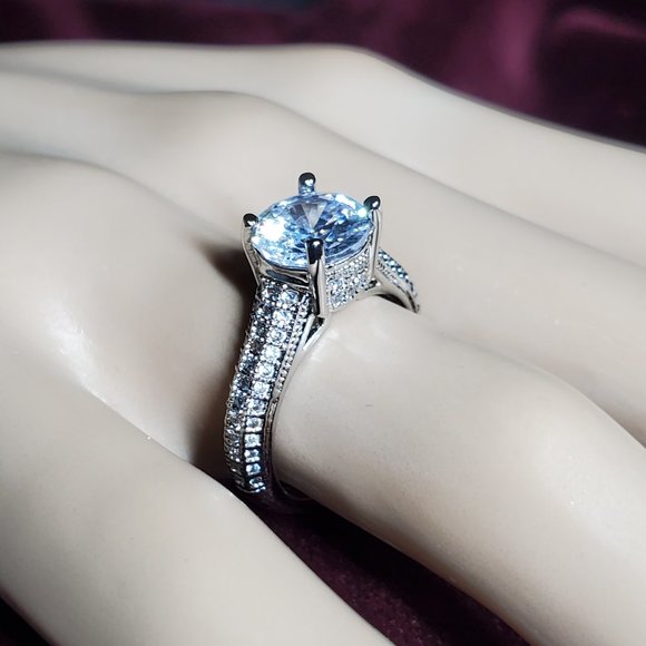 Xena Engagement Ring - 18K Platinum Plated Copper - Pave CZ- Crown Setting. - Picture 2 of 16